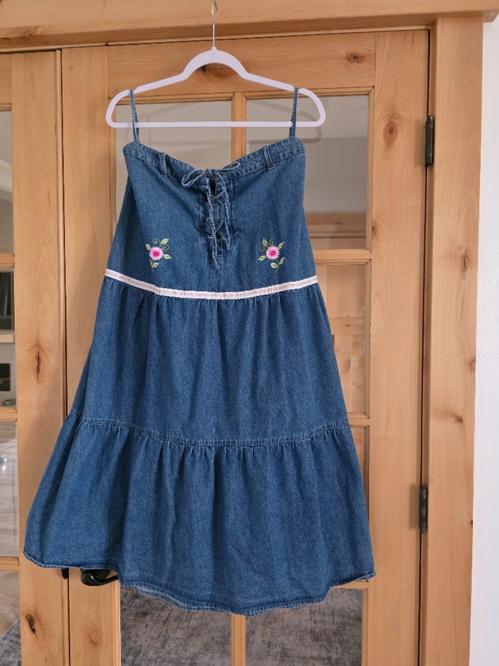 Vintage 90s Agapo Embroidered Denim Maxi Skirt Tiered Elastic Waist size XL